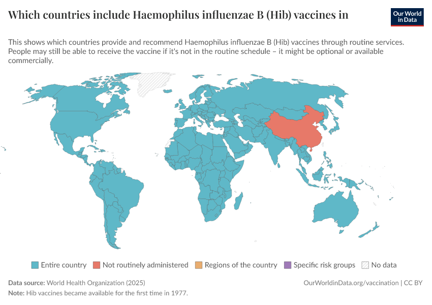 A thumbnail of the "Which countries include Haemophilus influenzae B (Hib) vaccines in their national vaccination programs?" chart