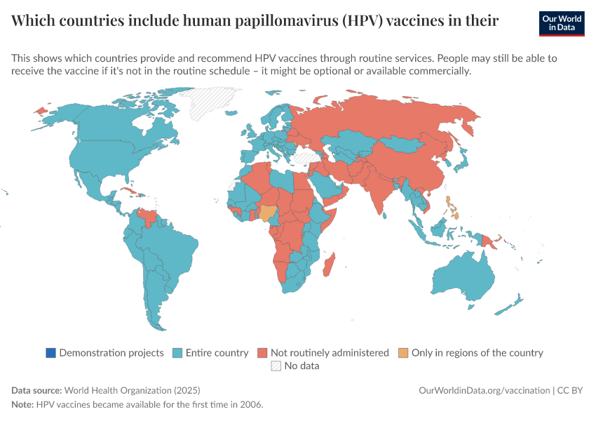 A thumbnail of the "Which countries include human papillomavirus (HPV) vaccines in their national vaccination programs?" chart