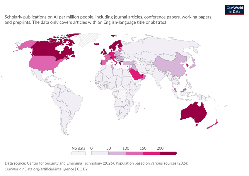 A thumbnail of the "Scholarly publications on artificial intelligence per million people" chart